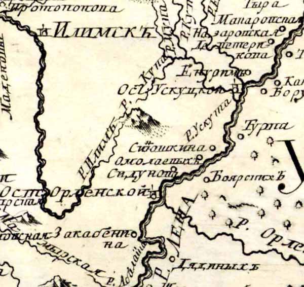 Илим, Кута и Лена на Атласе 1745 года